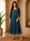 Premium Peacock Blue Rayon Round Kurti for Women | 1-Piece Elegant Embellished Design