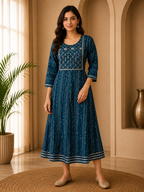 Premium Peacock Blue Rayon Round Kurti for Women | 1-Piece Elegant Embellished Design
