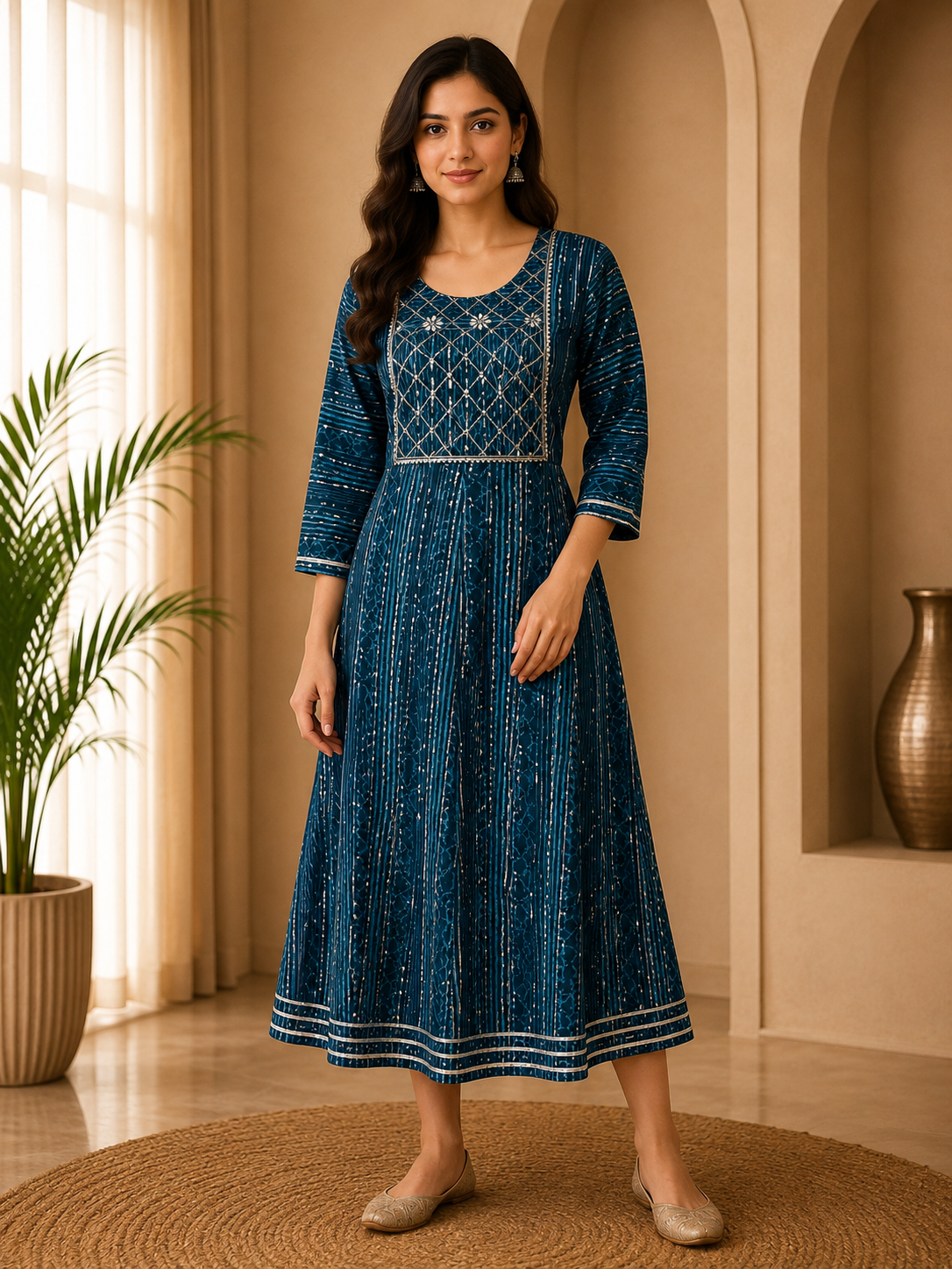 Premium Peacock Blue Rayon Round Kurti for Women | 1-Piece Elegant Embellished Design