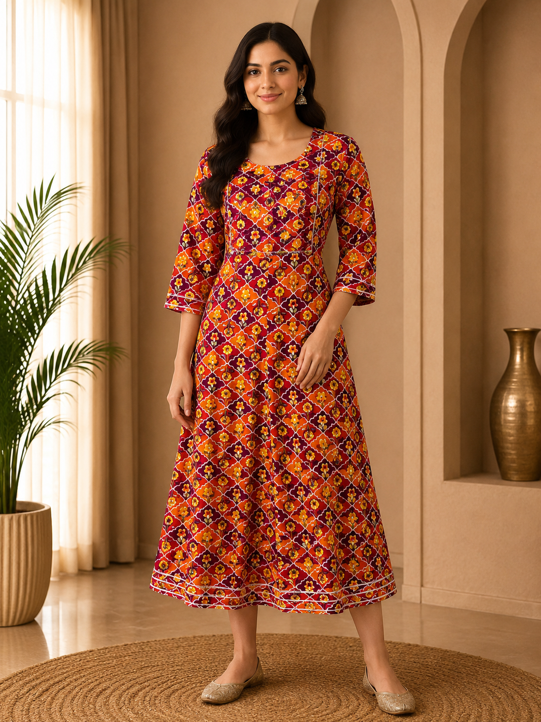 Premium Maroon Floral Print Rayon Round Kurti for Women | 1-Piece Elegant Ethnic Wear