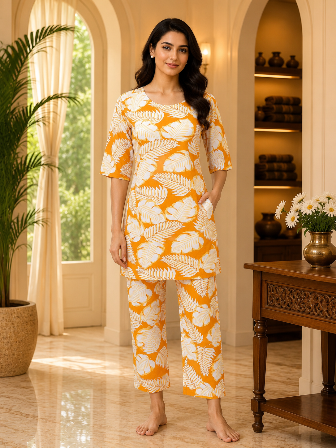 Mustard Cotton Leaf Print Co-Ord Set for Women