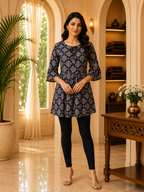 Navy Blue Cotton Floral Print Short Kurti for Women