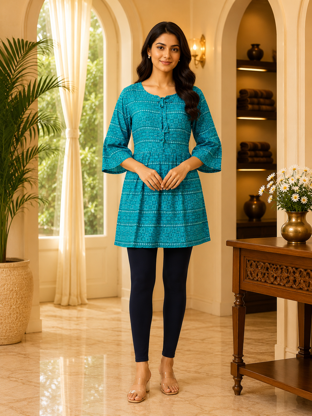 Teal Cotton Printed Short Kurti for Women
