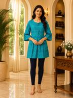 Teal Cotton Printed Short Kurti for Women