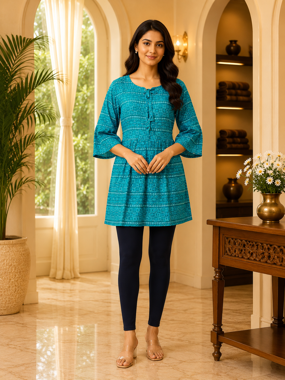 Teal Cotton Printed Short Kurti for Women