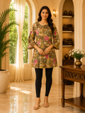 Olive Brown Cotton Floral Print Short Kurti for Women
