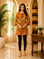 Mustard Cotton Abstract Print Short Kurti for Women