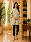 Cream Cotton Botanical Print Short Kurti for Women