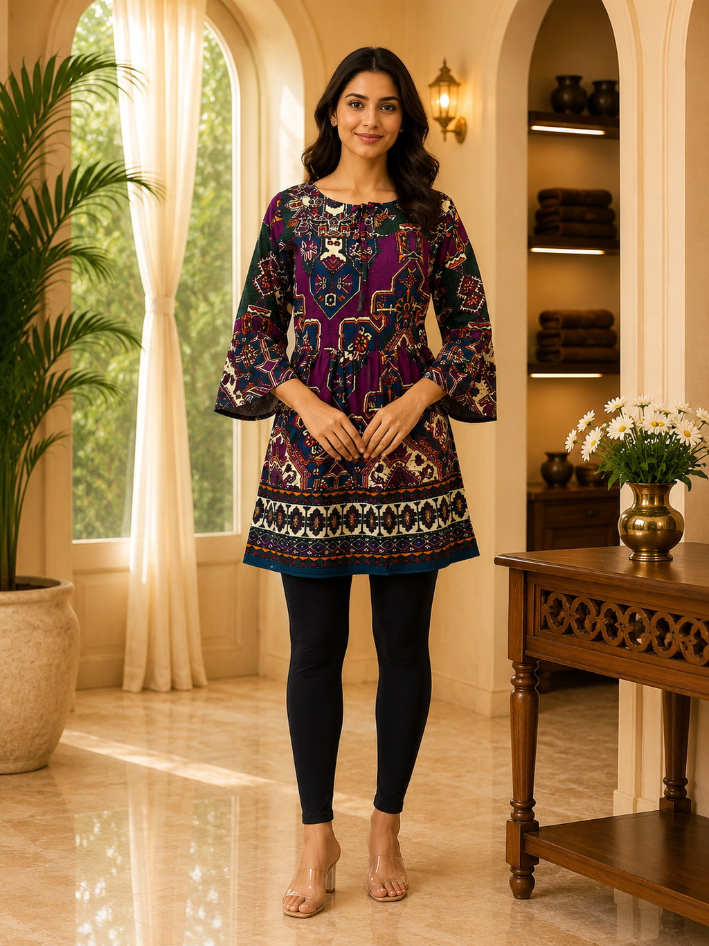Purple Cotton Ethnic Print Short Kurti for Women