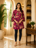 Magenta Cotton Abstract Print Short Kurti for Women