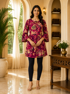Magenta Cotton Abstract Print Short Kurti for Women