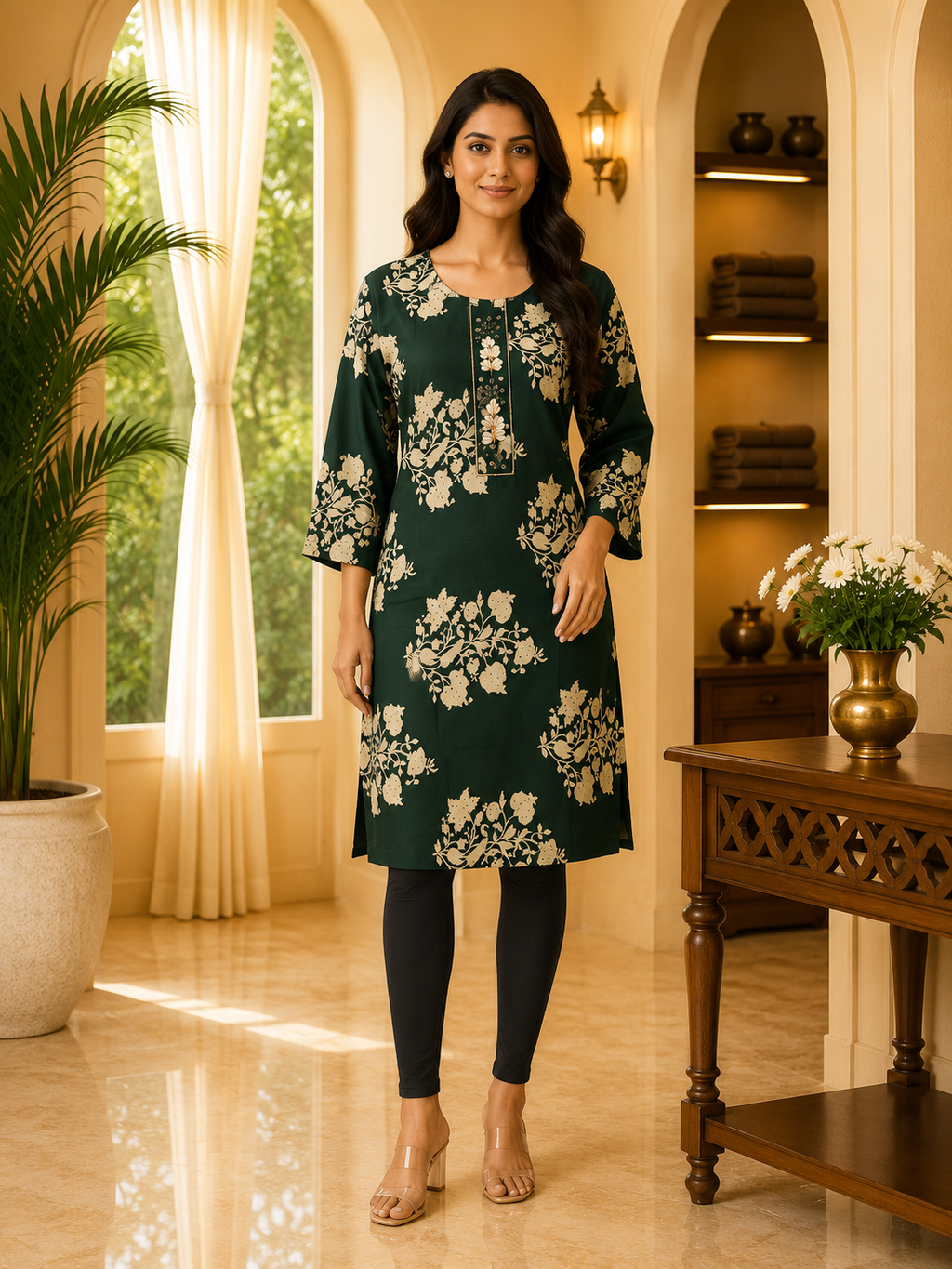 Dark Green Cotton Floral Print Long Kurti for Women