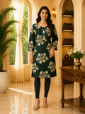 Dark Green Cotton Floral Print Long Kurti for Women
