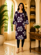 Deep Plum Cotton Floral Print Long Kurti for Women