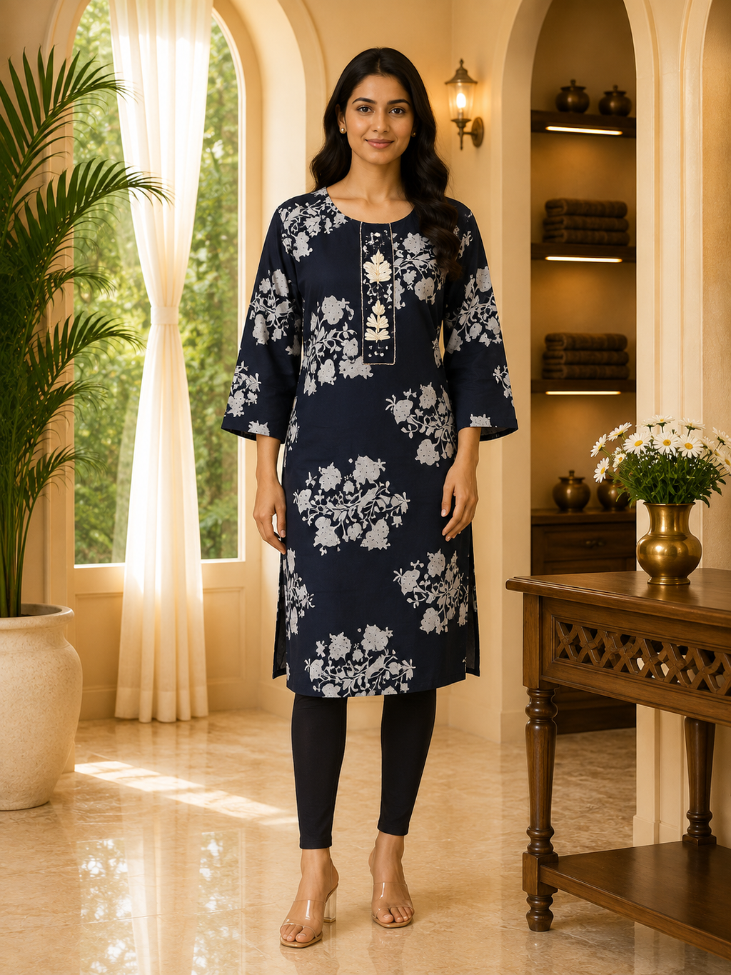Navy Blue Cotton Floral Print Long Kurti for Women
