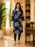 Navy Blue Cotton Floral Print Long Kurti for Women