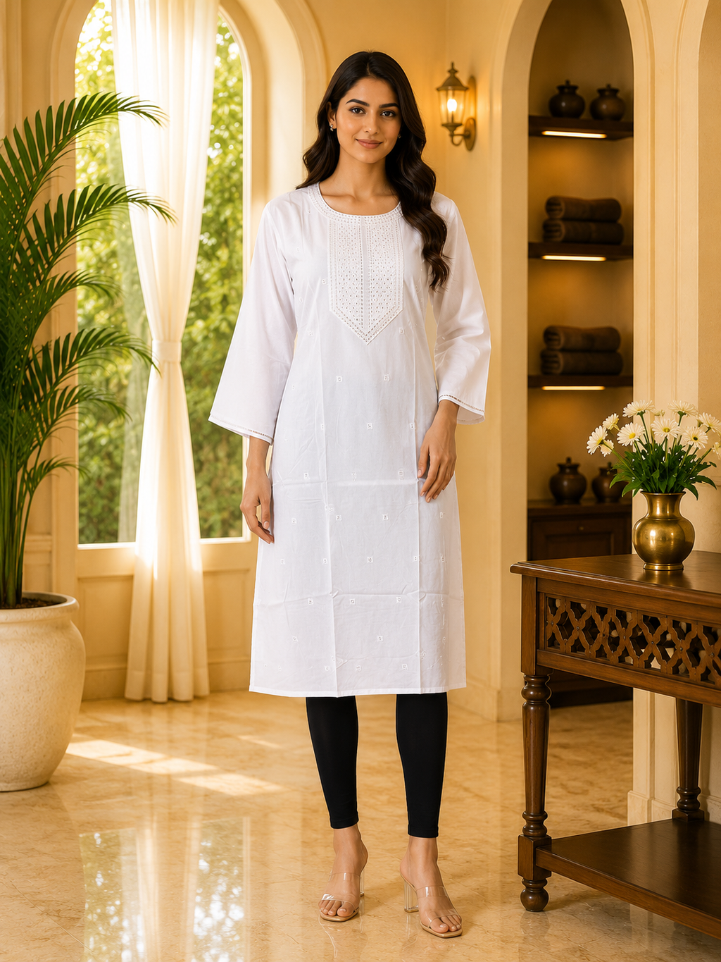 White Cotton Embroidered Long Kurti for Women