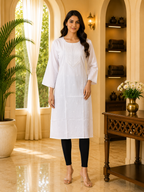 White Cotton Embroidered Long Kurti for Women