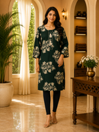 Dark Green Cotton Floral Print Long Kurti for Women