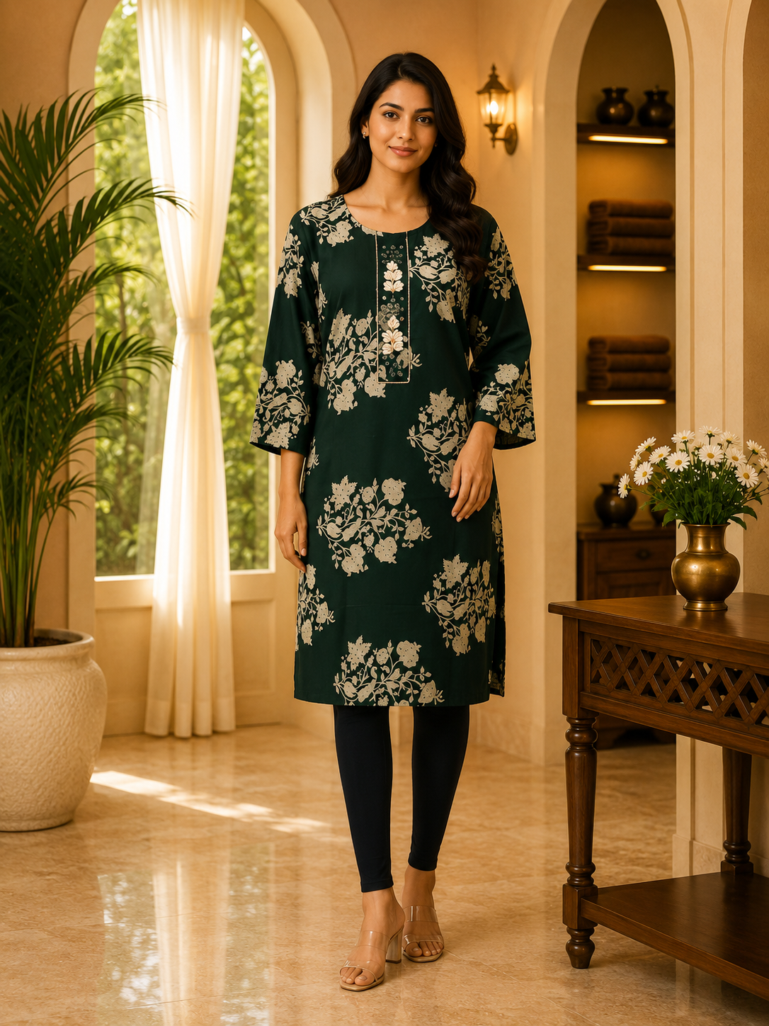 Dark Green Cotton Floral Print Long Kurti for Women