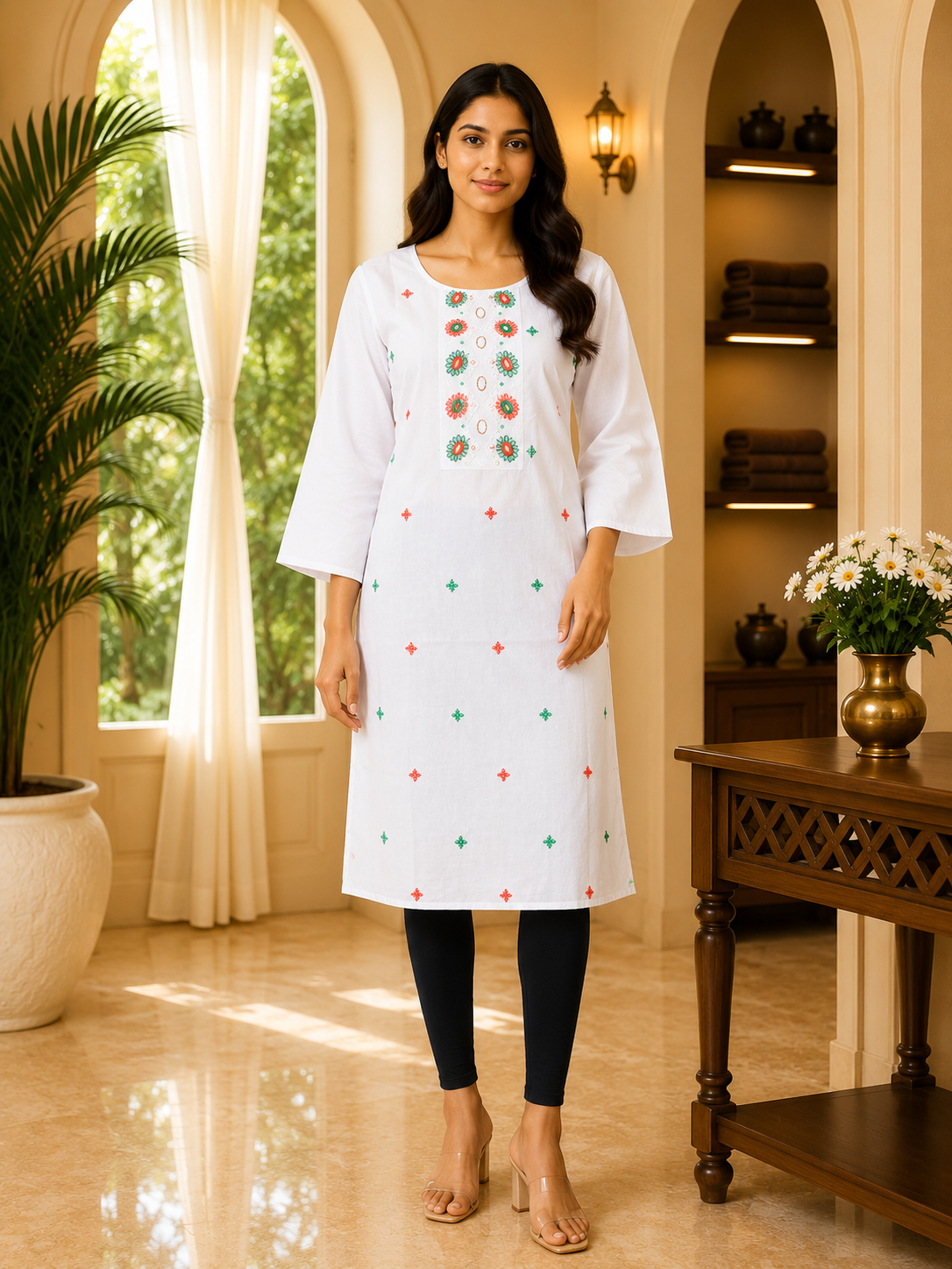 White Cotton Floral Embroidered Long Kurti for Women