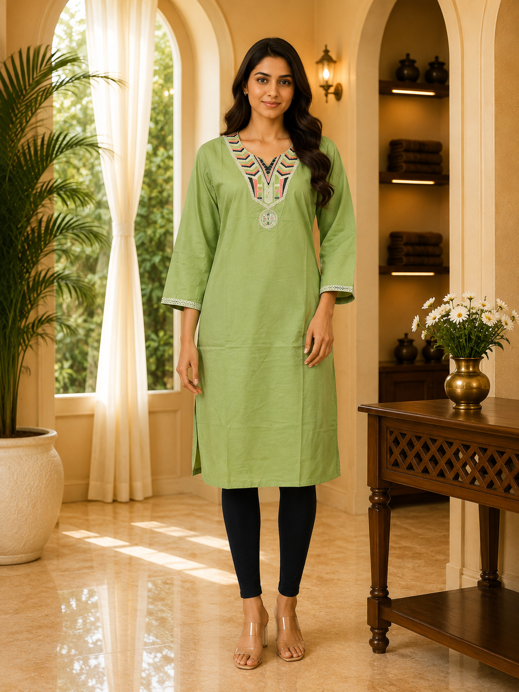 Light Green Cotton Embroidered Long Kurti for Women
