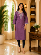 Dusty Mauve Cotton Embroidered Long Kurti for Women