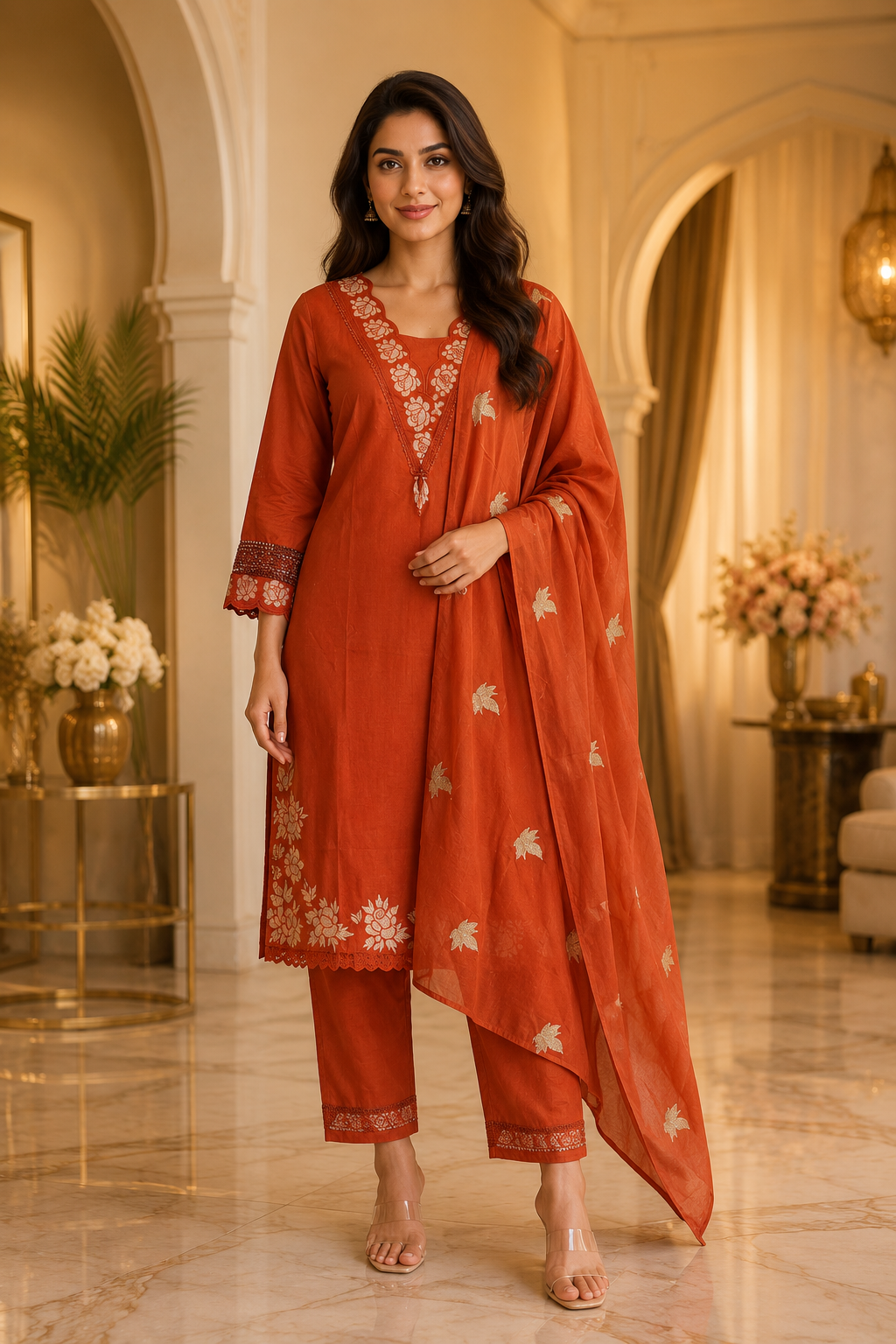 Rust Orange Cotton Hand-Work 3-Piece Set