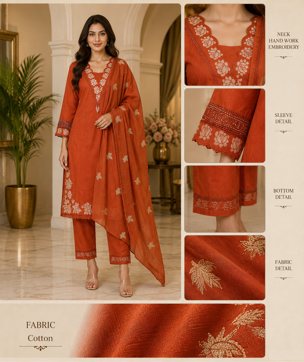 Rust Orange Cotton Hand-Work 3-Piece Set