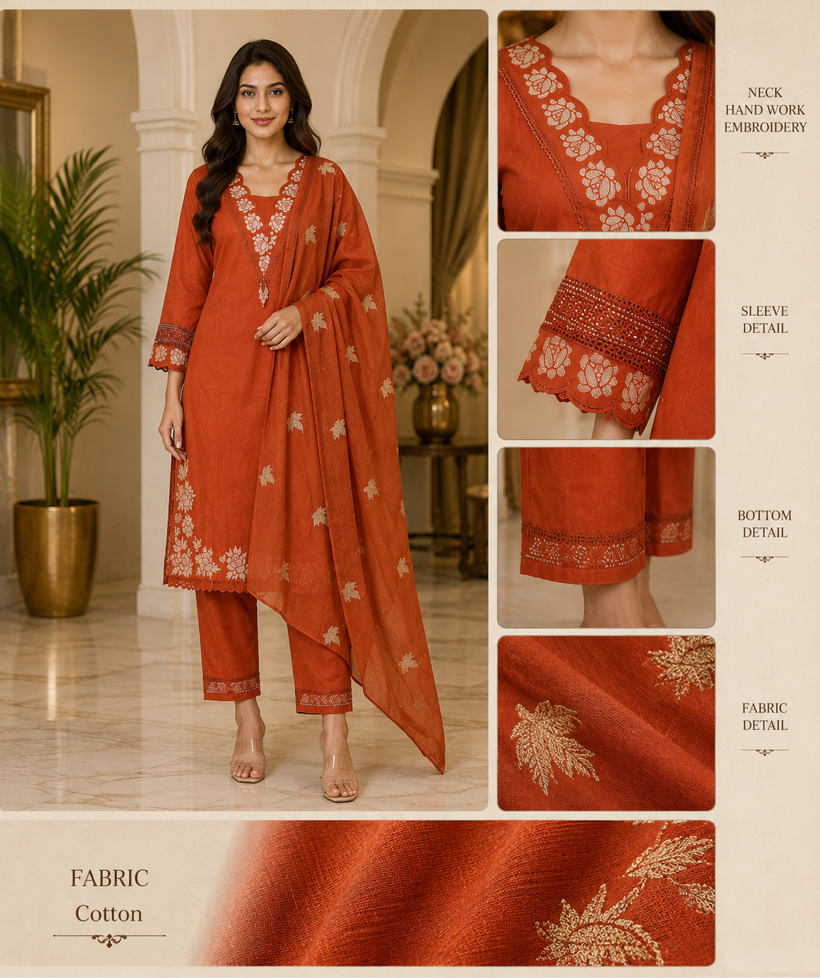 Rust Orange Cotton Hand-Work 3-Piece Set
