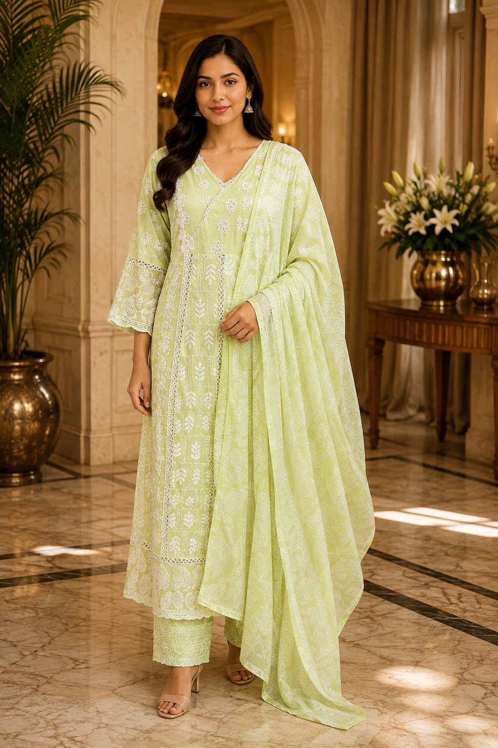 Pastel Lime Green Cotton 3-Piece Set with White Embroidery
