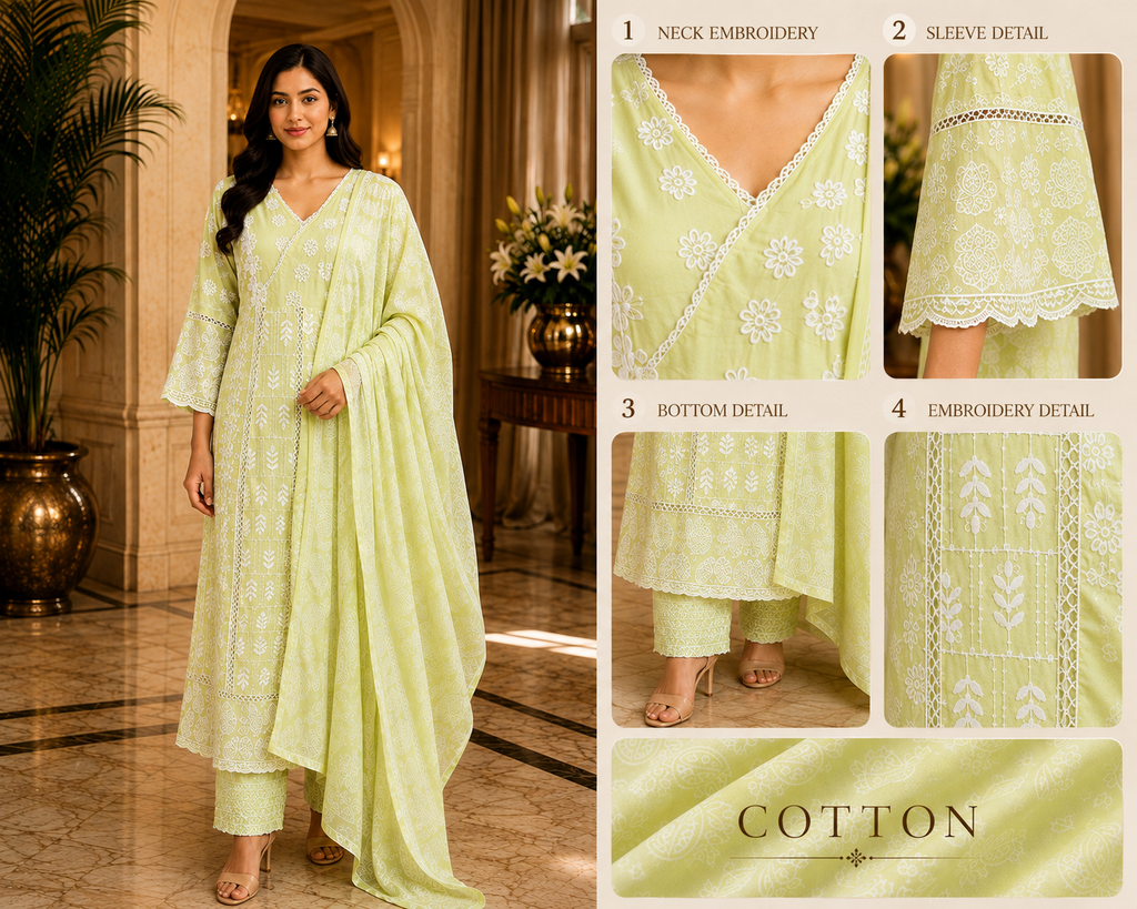 Pastel Lime Green Cotton 3-Piece Set with White Embroidery