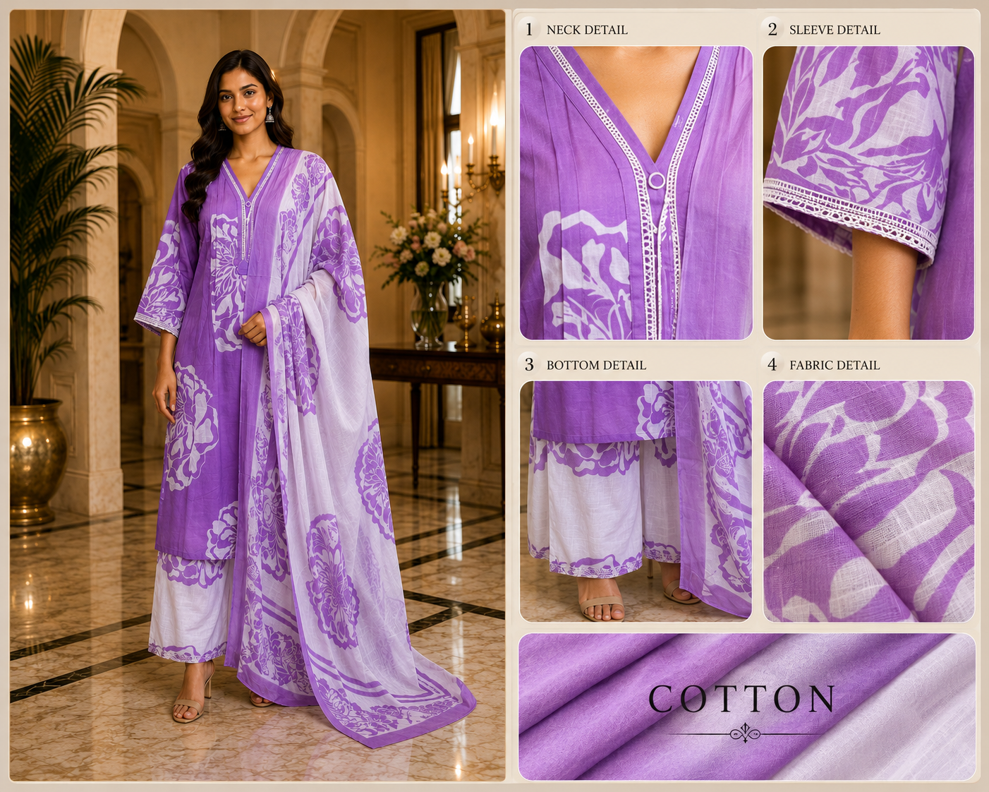 Lavender Purple & White Cotton 3-Piece Set