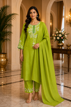 Lime Green Cotton Embroidered 3-Piece Set