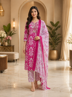 Magenta & White Printed Cotton 3-Piece Set with Embroidered Yoke
