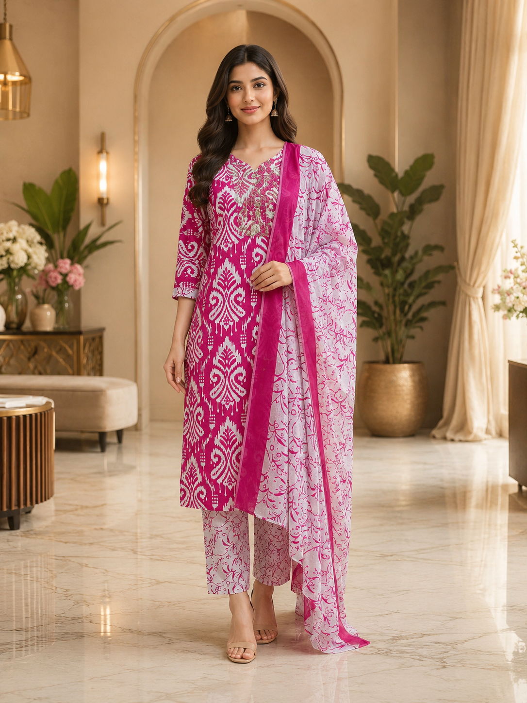 Magenta & White Printed Cotton 3-Piece Set with Embroidered Yoke