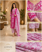 Magenta & White Printed Cotton 3-Piece Set with Embroidered Yoke