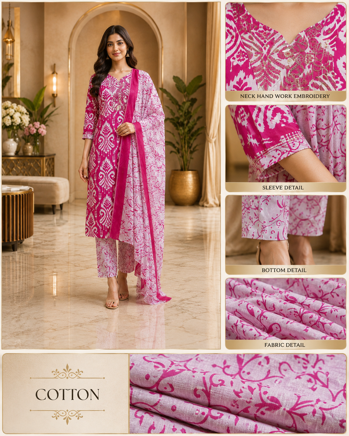 Magenta & White Printed Cotton 3-Piece Set with Embroidered Yoke