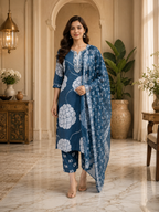 Teal Blue & White Printed Cotton 3-Piece Set with Embroidered Neckline