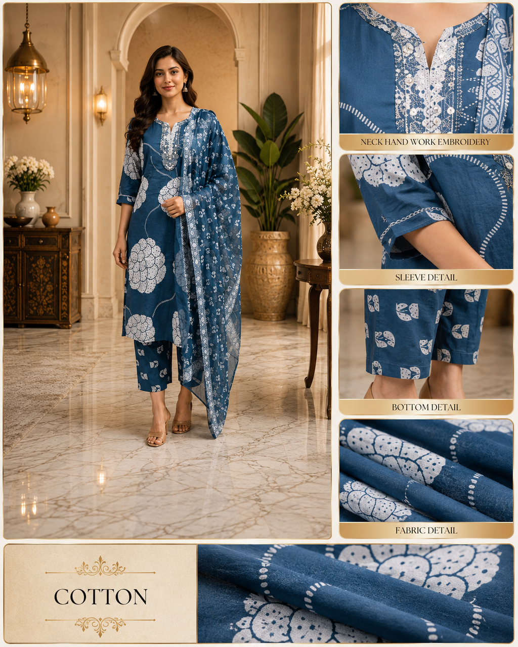 Teal Blue & White Printed Cotton 3-Piece Set with Embroidered Neckline