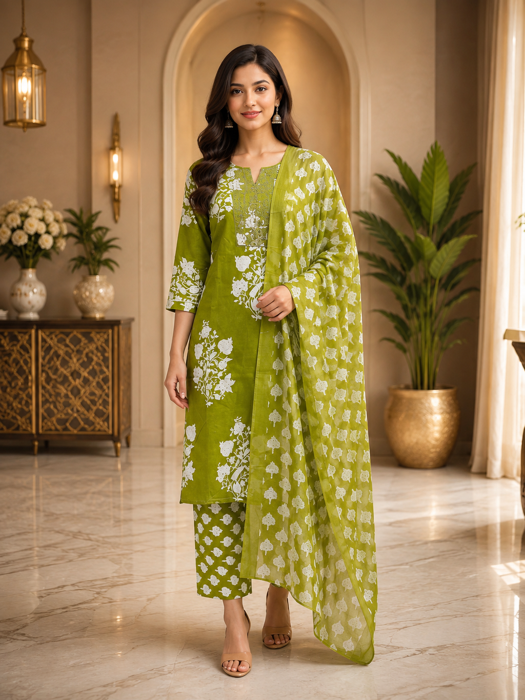 Olive Green & White Printed Cotton 3-Piece Set with Embroidered Neckline