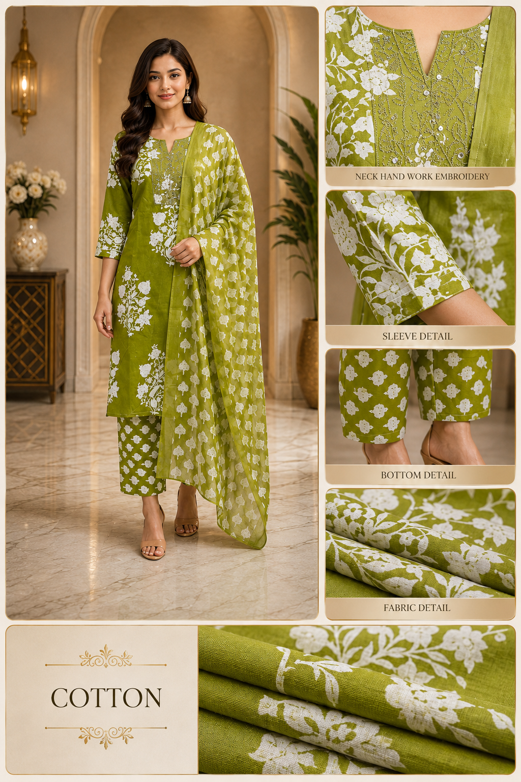 Olive Green & White Printed Cotton 3-Piece Set with Embroidered Neckline