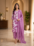 Magenta Purple & White Printed Cotton 3-Piece Set with Embroidered Neckline
