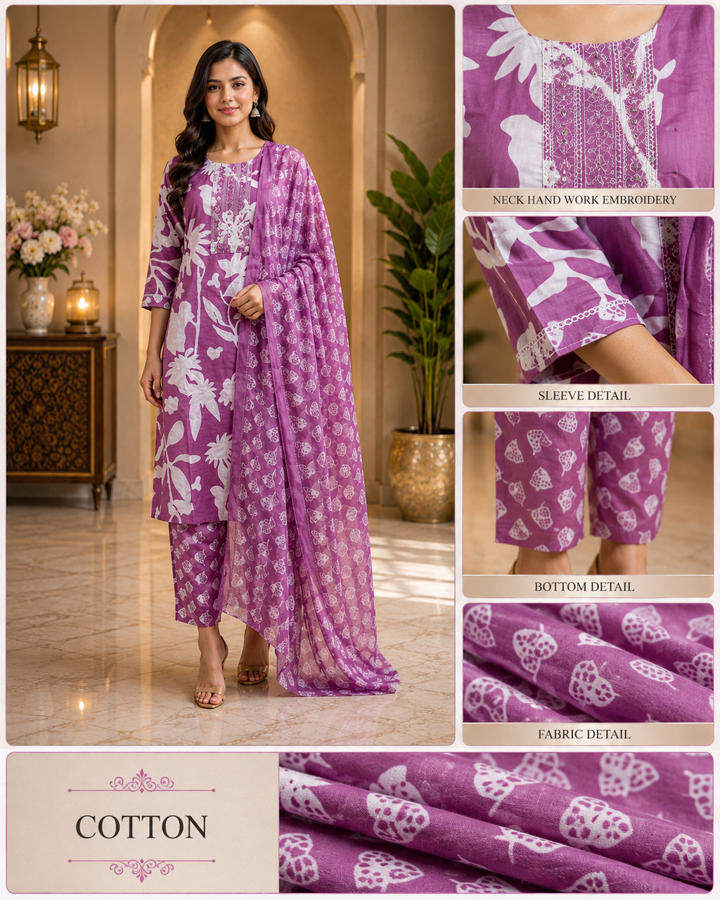 Magenta Purple & White Printed Cotton 3-Piece Set with Embroidered Neckline