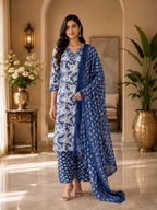 Navy Blue & White Printed Cotton 3-Piece Set with Embroidered Neckline