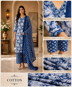 Navy Blue & White Printed Cotton 3-Piece Set with Embroidered Neckline