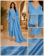 Sky Blue Cotton Embroidered 3-Piece Set
