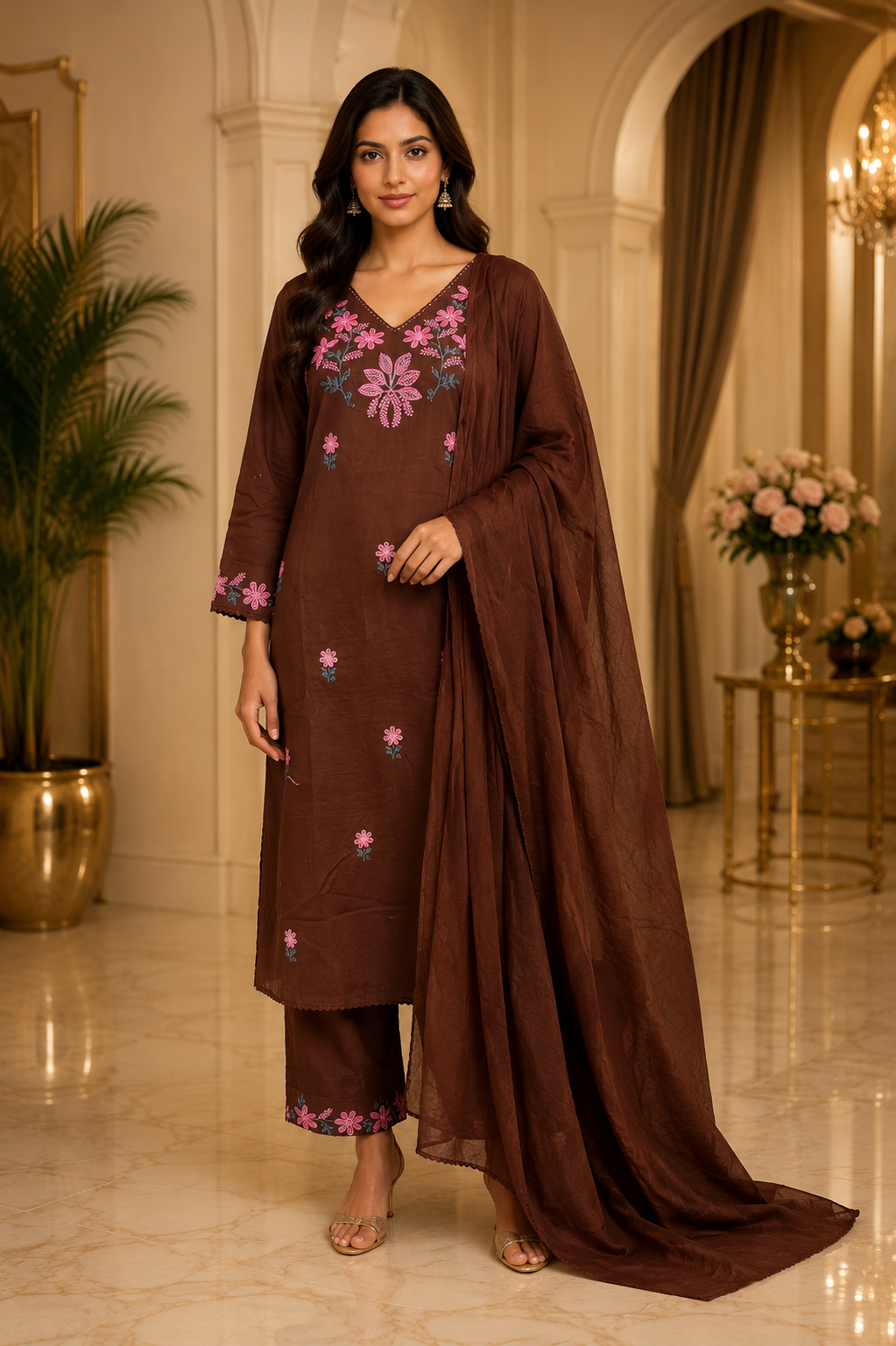 Chocolate Brown Cotton Floral Embroidered 3-Piece Set