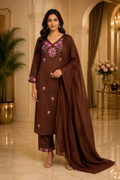 Chocolate Brown Cotton Floral Embroidered 3-Piece Set