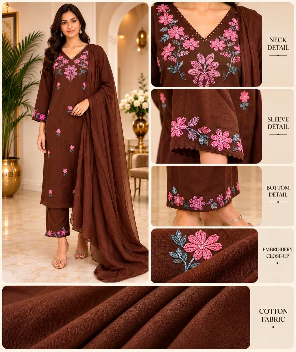 Chocolate Brown Cotton Floral Embroidered 3-Piece Set